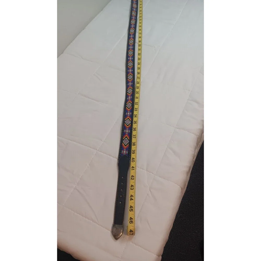 Vintage 1991 Bead Black Belt Leather Silver Native Western Colorful Size 42